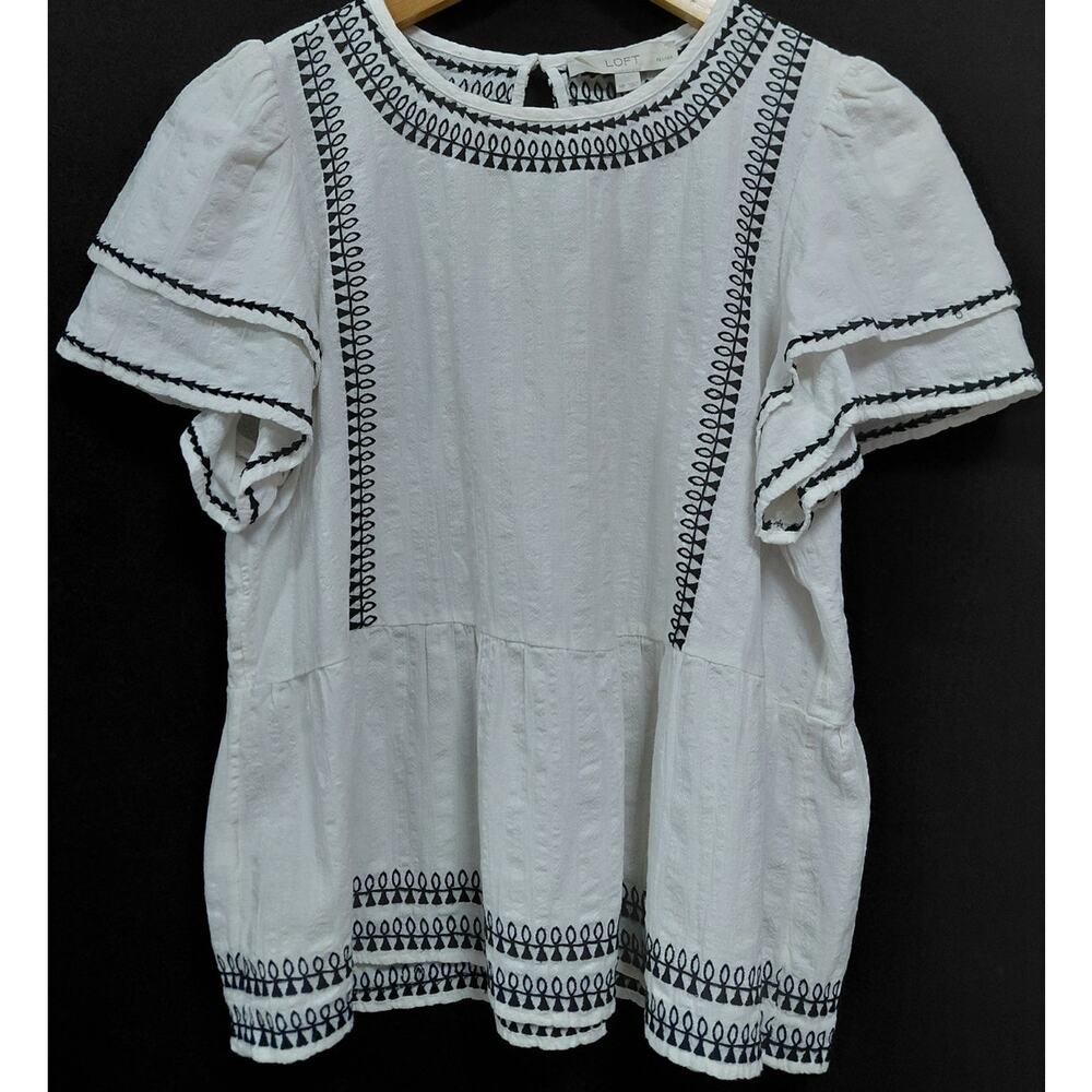 LOFT PETITES Linen Embroidered Cotton Blend Top White Short Sleeve Knit Size MP
